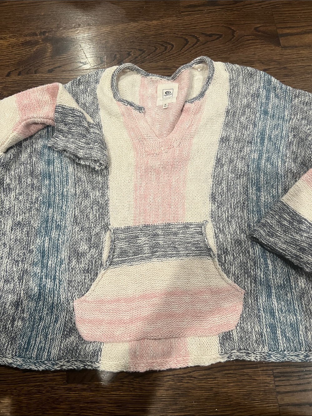 Rip Curl Striped V-Neck Knit Sweater in Blue, Pink & Cream